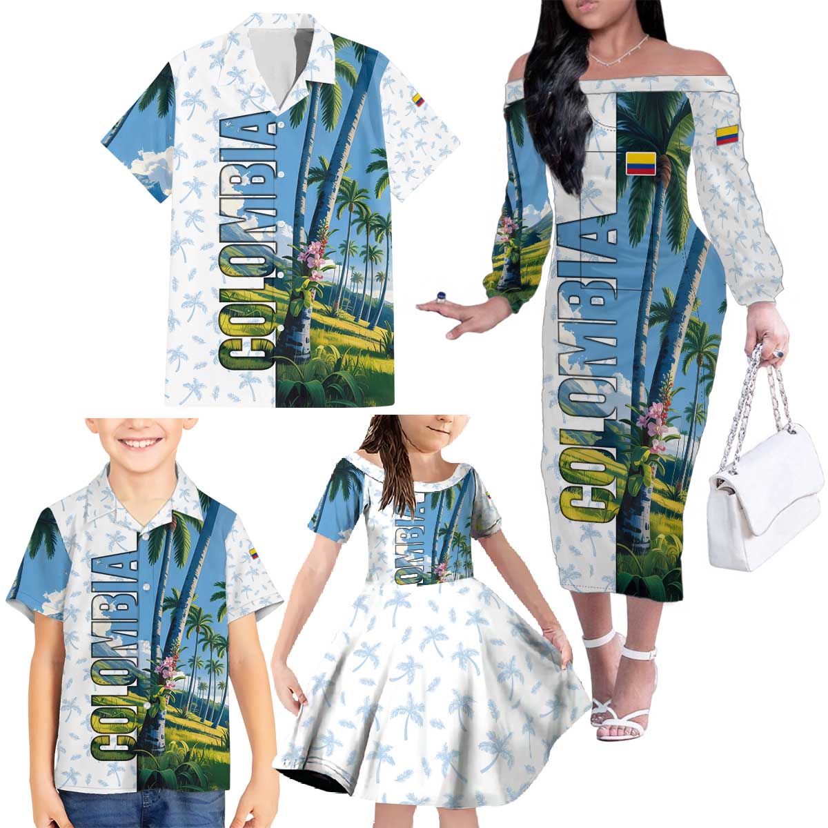 Colombia Palm Tree Landscape Family Matching Off The Shoulder Long Sleeve Dress and Hawaiian Shirt with Tropical Flowers and Blue Sky Design - Wonder Print Shop