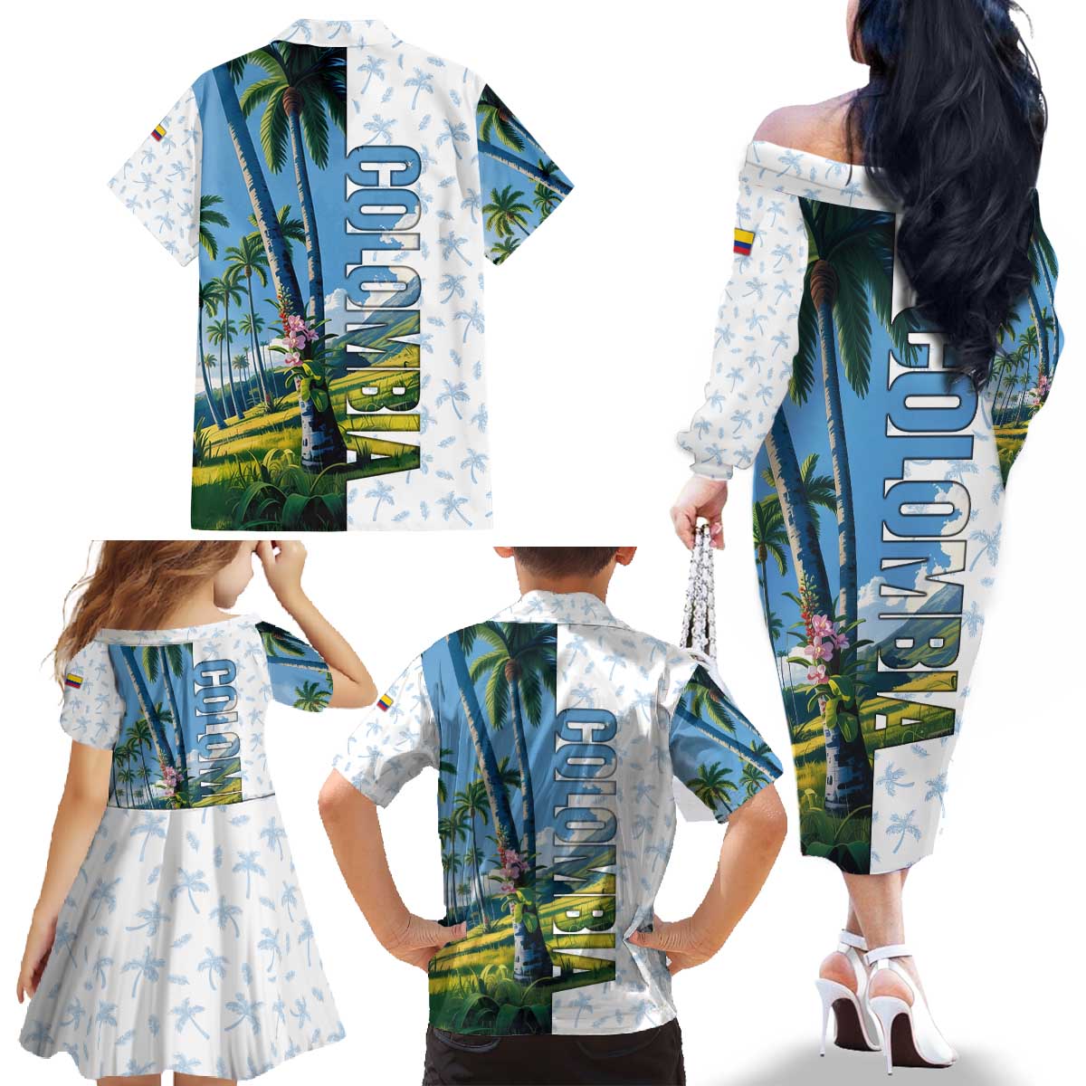 Colombia Palm Tree Landscape Family Matching Off The Shoulder Long Sleeve Dress and Hawaiian Shirt with Tropical Flowers and Blue Sky Design - Wonder Print Shop