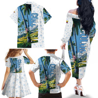 Colombia Palm Tree Landscape Family Matching Off The Shoulder Long Sleeve Dress and Hawaiian Shirt with Tropical Flowers and Blue Sky Design - Wonder Print Shop
