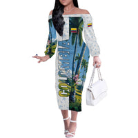 Colombia Palm Tree Landscape Family Matching Off The Shoulder Long Sleeve Dress and Hawaiian Shirt with Tropical Flowers and Blue Sky Design - Wonder Print Shop