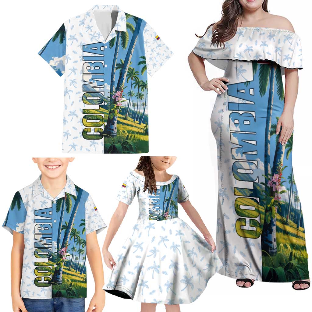 Colombia Palm Tree Landscape Family Matching Off Shoulder Maxi Dress and Hawaiian Shirt with Tropical Flowers and Blue Sky Design - Wonder Print Shop