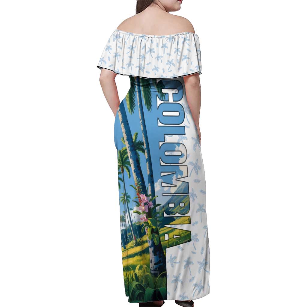 Colombia Palm Tree Landscape Family Matching Off Shoulder Maxi Dress and Hawaiian Shirt with Tropical Flowers and Blue Sky Design - Wonder Print Shop