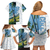 Colombia Palm Tree Landscape Family Matching Off Shoulder Short Dress and Hawaiian Shirt with Tropical Flowers and Blue Sky Design - Wonder Print Shop