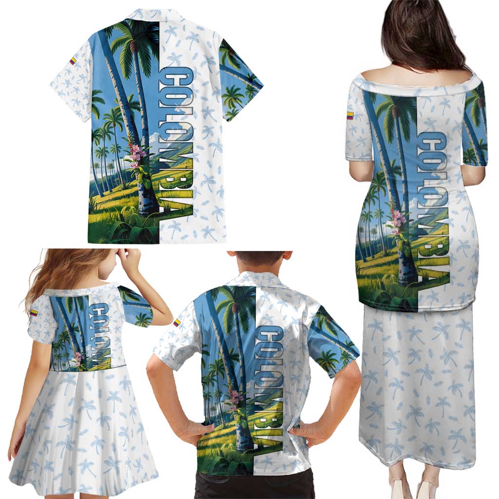 Colombia Palm Tree Landscape Family Matching Puletasi and Hawaiian Shirt with Tropical Flowers and Blue Sky Design - Wonder Print Shop