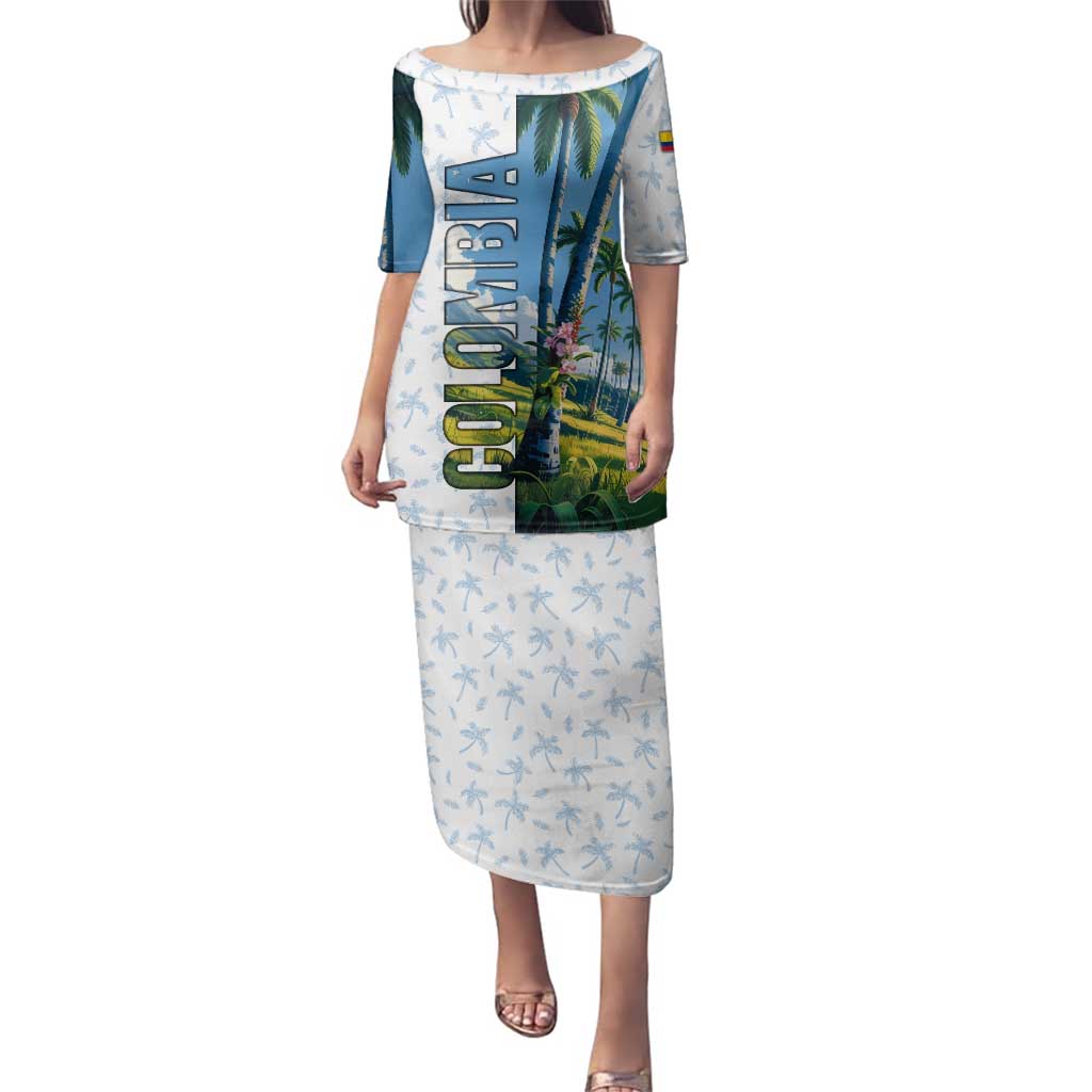 Colombia Palm Tree Landscape Family Matching Puletasi and Hawaiian Shirt with Tropical Flowers and Blue Sky Design - Wonder Print Shop