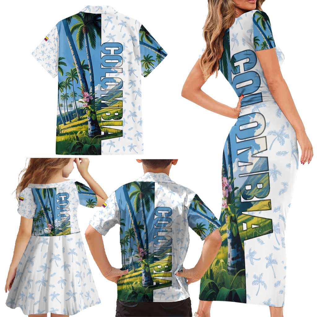 Colombia Palm Tree Landscape Family Matching Short Sleeve Bodycon Dress and Hawaiian Shirt with Tropical Flowers and Blue Sky Design - Wonder Print Shop