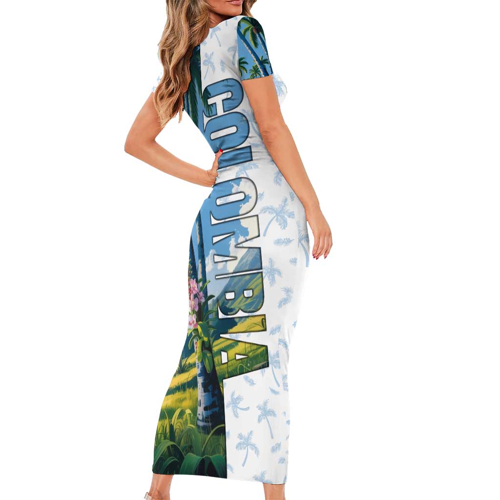 Colombia Palm Tree Landscape Family Matching Short Sleeve Bodycon Dress and Hawaiian Shirt with Tropical Flowers and Blue Sky Design - Wonder Print Shop