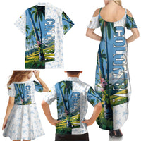Colombia Palm Tree Landscape Family Matching Summer Maxi Dress and Hawaiian Shirt with Tropical Flowers and Blue Sky Design - Wonder Print Shop