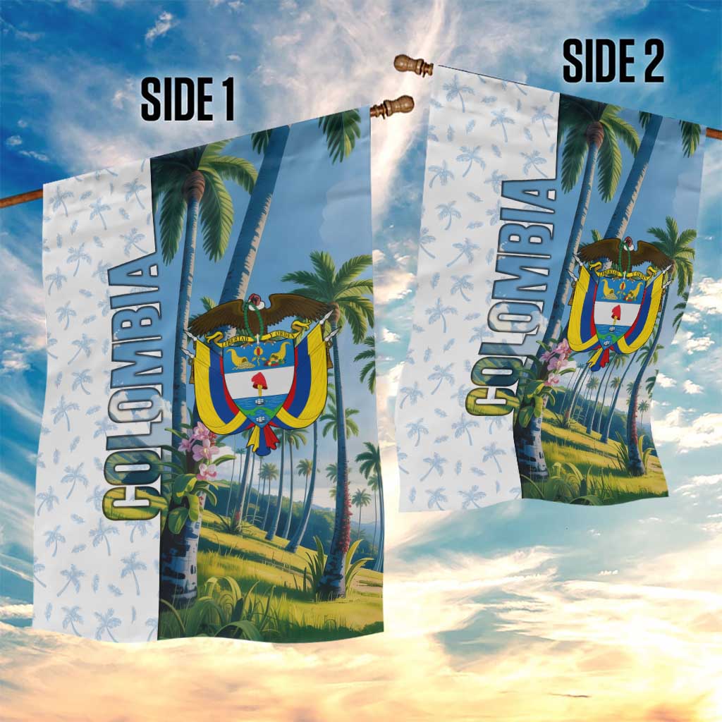 Colombia Palm Tree Landscape Garden Flag with Tropical Flowers and Blue Sky Design - Wonder Print Shop