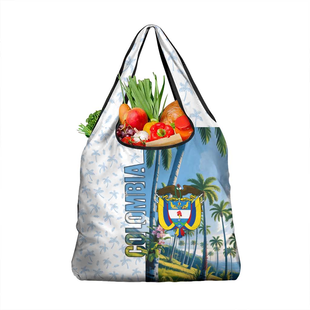 Colombia Palm Tree Landscape Grocery Bag with Tropical Flowers and Blue Sky Design - Wonder Print Shop