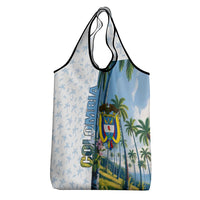Colombia Palm Tree Landscape Grocery Bag with Tropical Flowers and Blue Sky Design - Wonder Print Shop