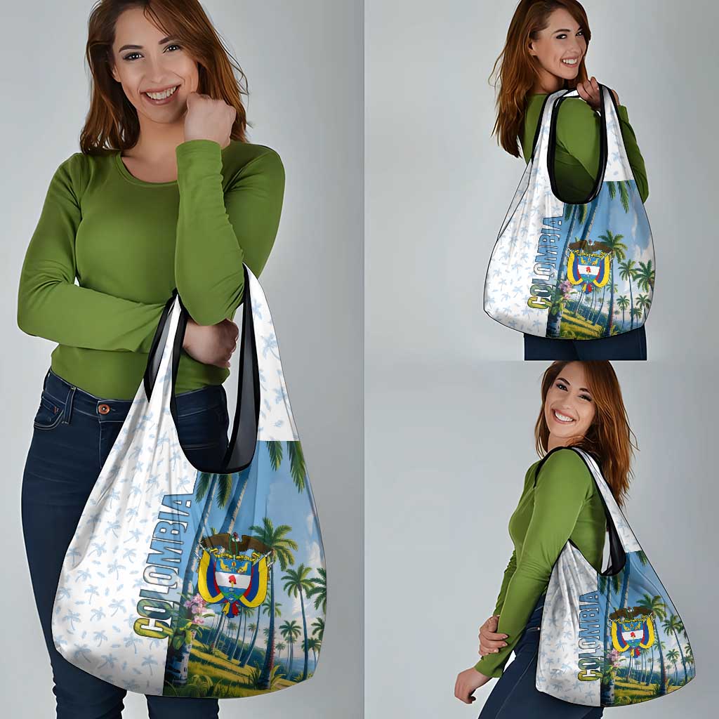 Colombia Palm Tree Landscape Grocery Bag with Tropical Flowers and Blue Sky Design - Wonder Print Shop