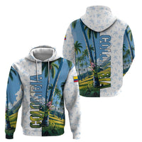 Colombia Palm Tree Landscape Hoodie with Tropical Flowers and Blue Sky Design - Wonder Print Shop