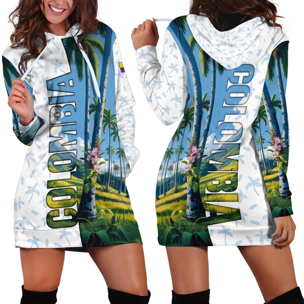 Colombia Palm Tree Landscape Hoodie Dress with Tropical Flowers and Blue Sky Design - Wonder Print Shop