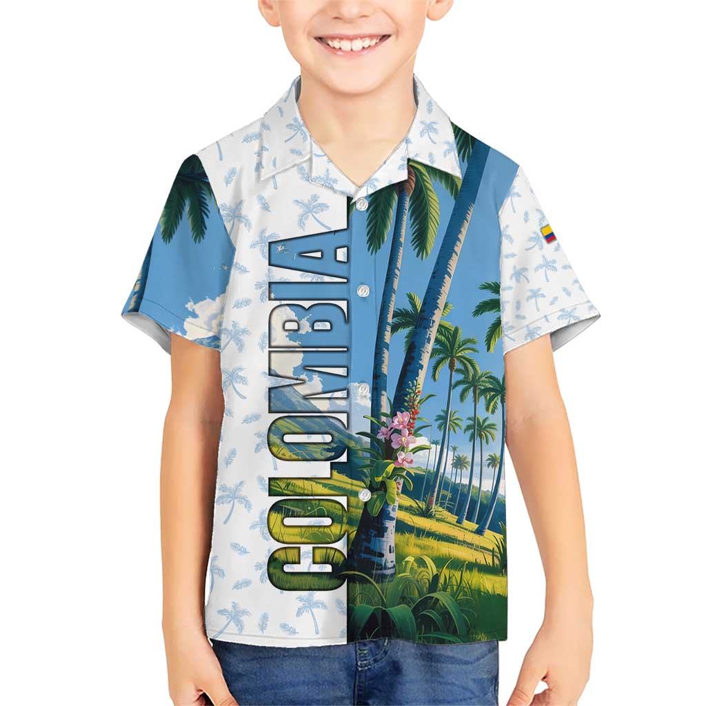 Colombia Palm Tree Landscape Kid Hawaiian Shirt with Tropical Flowers and Blue Sky Design - Wonder Print Shop
