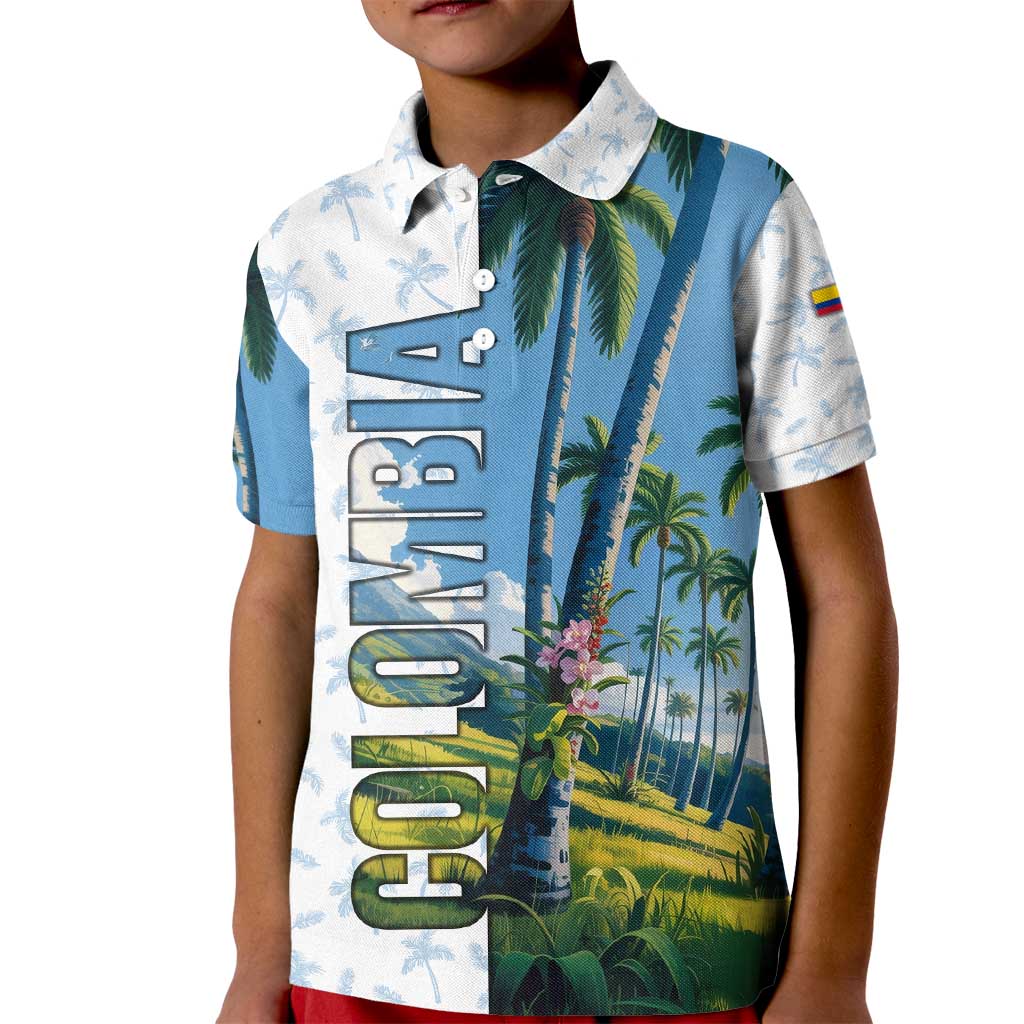 Colombia Palm Tree Landscape Kid Polo Shirt with Tropical Flowers and Blue Sky Design - Wonder Print Shop