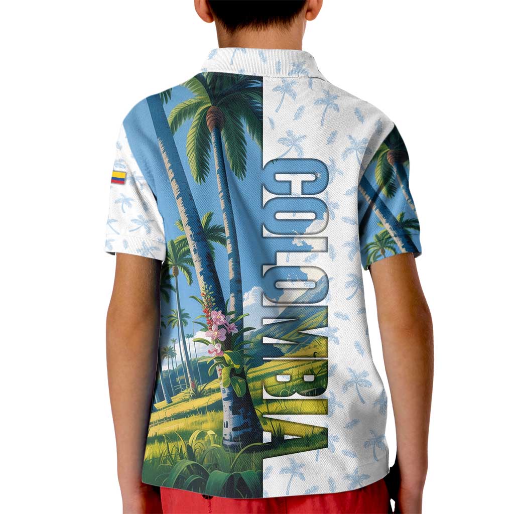 Colombia Palm Tree Landscape Kid Polo Shirt with Tropical Flowers and Blue Sky Design - Wonder Print Shop