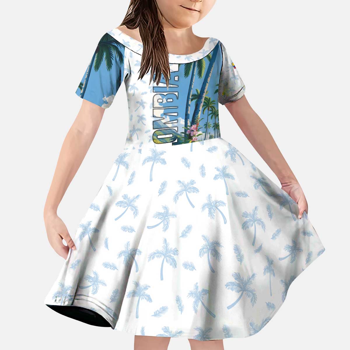 Colombia Palm Tree Landscape Kid Short Sleeve Dress with Tropical Flowers and Blue Sky Design - Wonder Print Shop