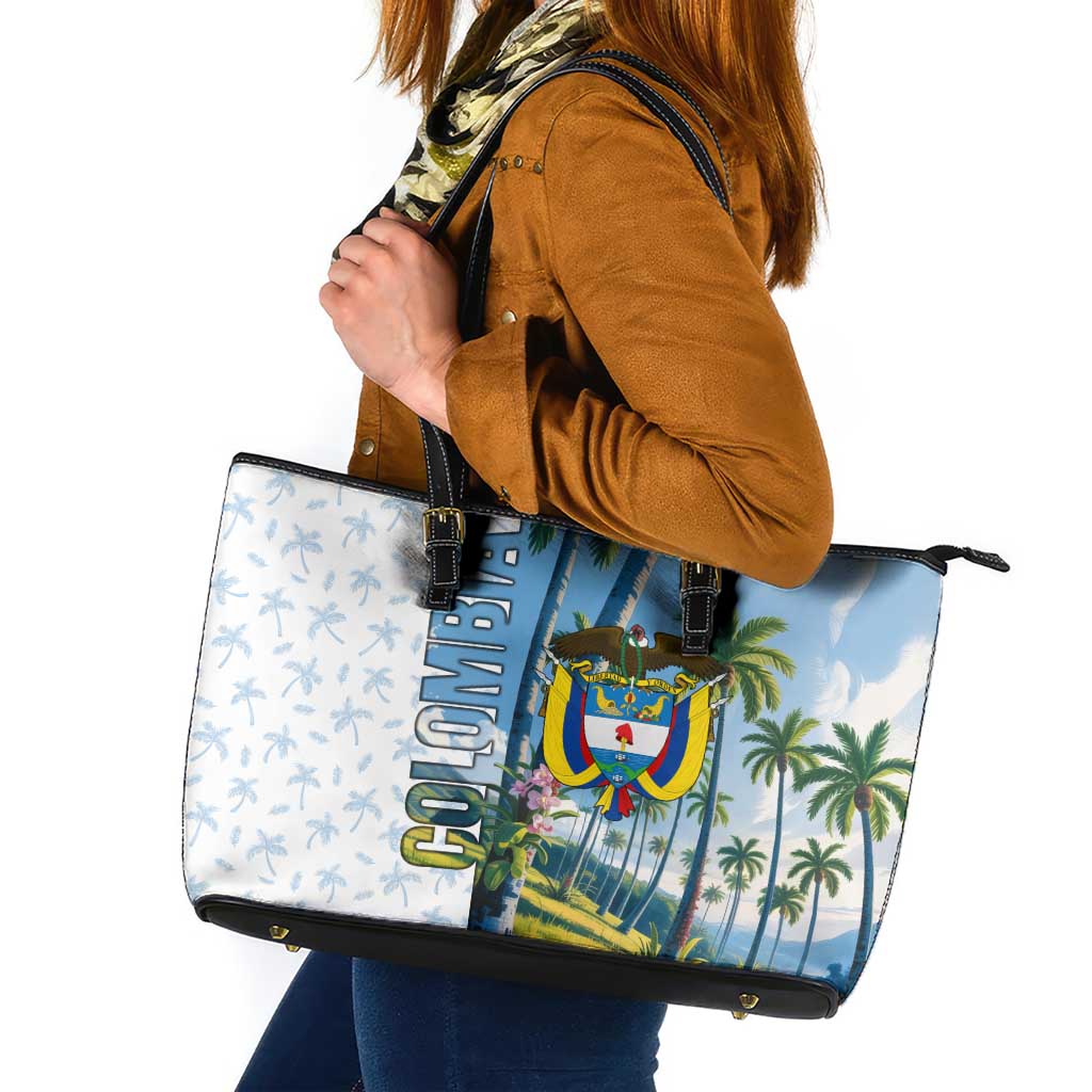 Colombia Palm Tree Landscape Leather Tote Bag with Tropical Flowers and Blue Sky Design - Wonder Print Shop