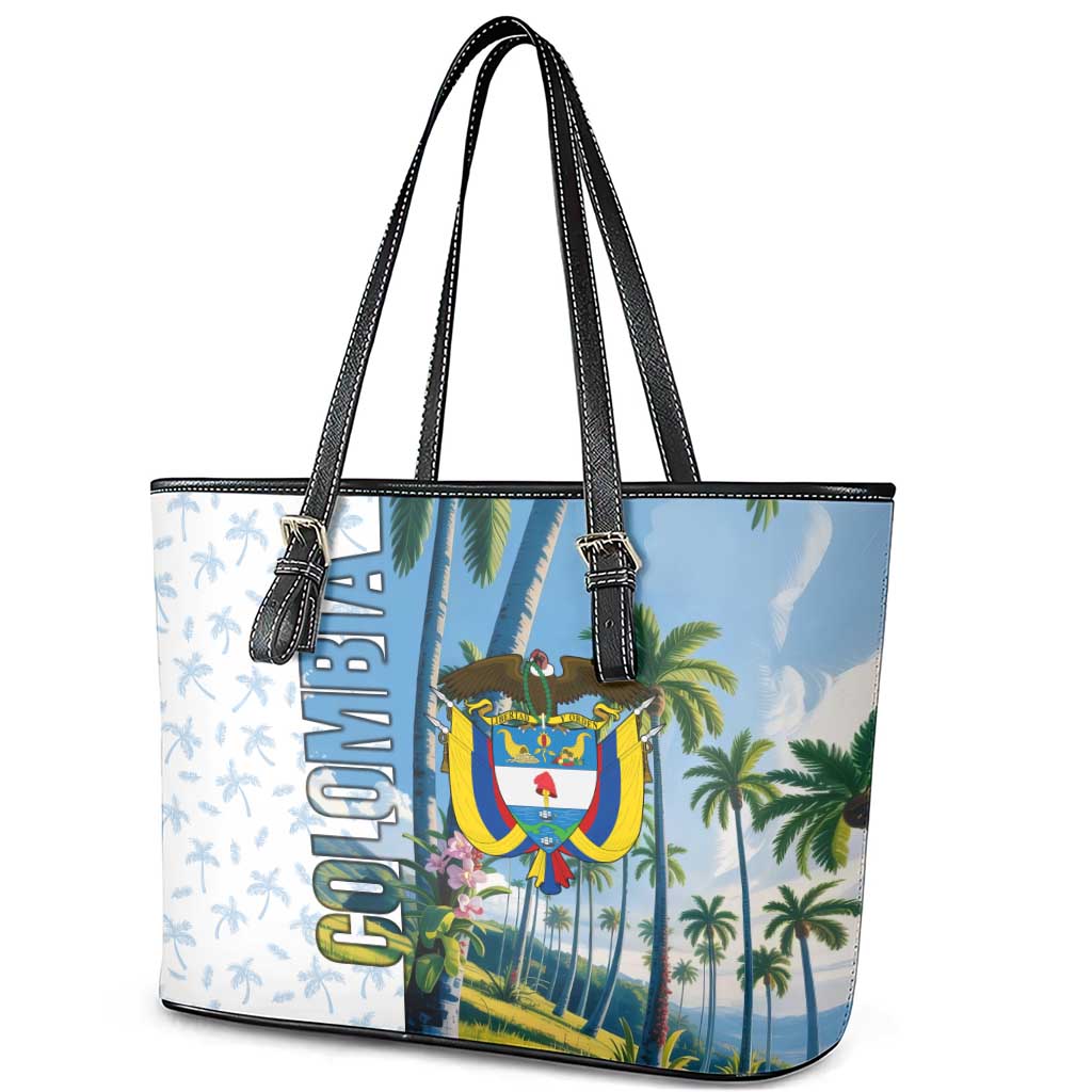 Colombia Palm Tree Landscape Leather Tote Bag with Tropical Flowers and Blue Sky Design - Wonder Print Shop