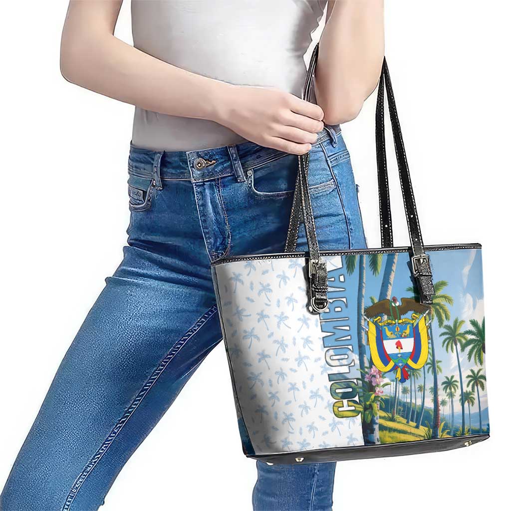 Colombia Palm Tree Landscape Leather Tote Bag with Tropical Flowers and Blue Sky Design - Wonder Print Shop