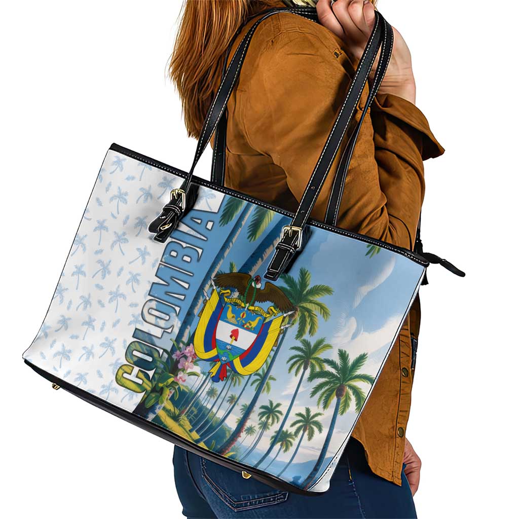 Colombia Palm Tree Landscape Leather Tote Bag with Tropical Flowers and Blue Sky Design - Wonder Print Shop