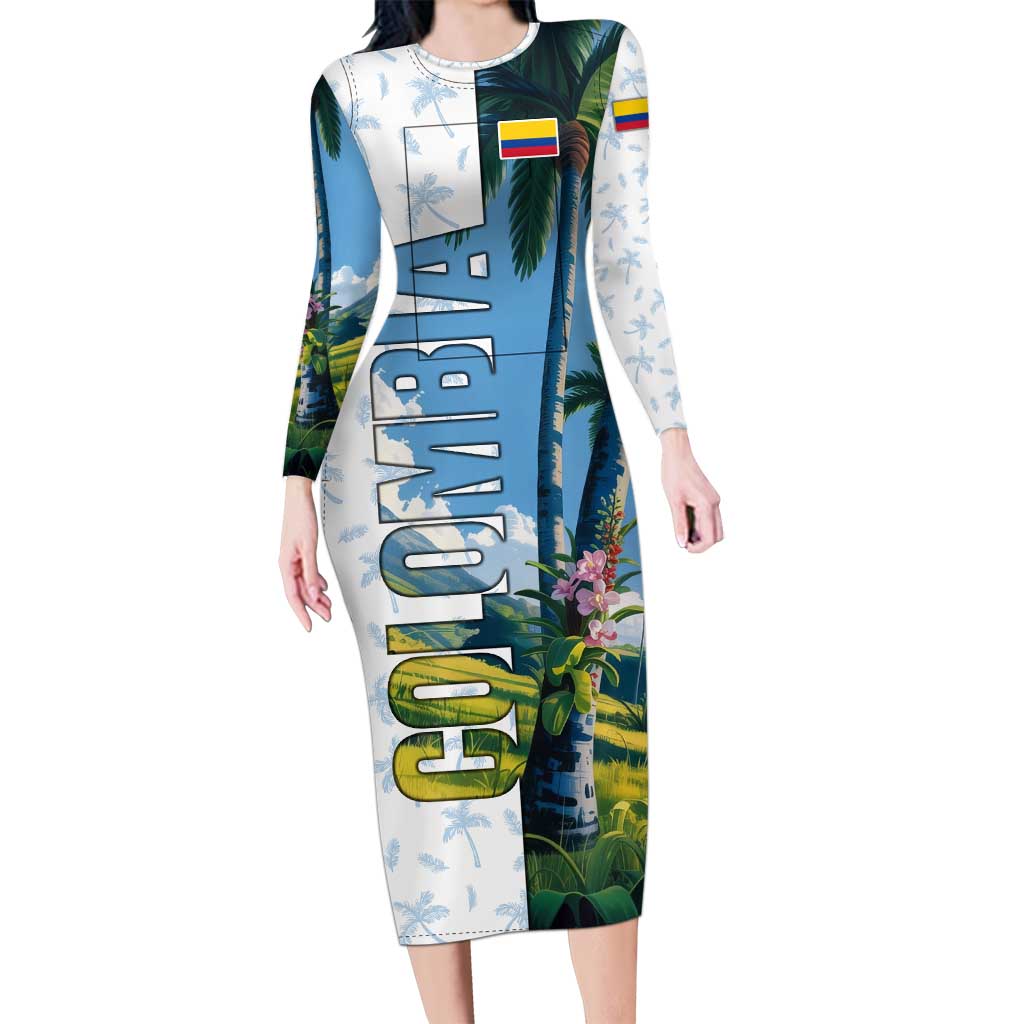 Colombia Palm Tree Landscape Long Sleeve Bodycon Dress with Tropical Flowers and Blue Sky Design - Wonder Print Shop