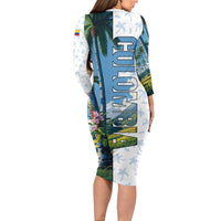 Colombia Palm Tree Landscape Long Sleeve Bodycon Dress with Tropical Flowers and Blue Sky Design - Wonder Print Shop
