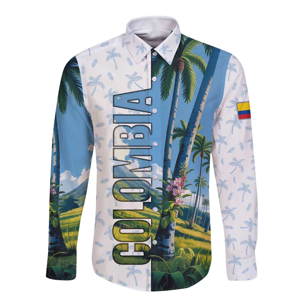 Colombia Palm Tree Landscape Long Sleeve Button Shirt with Tropical Flowers and Blue Sky Design - Wonder Print Shop