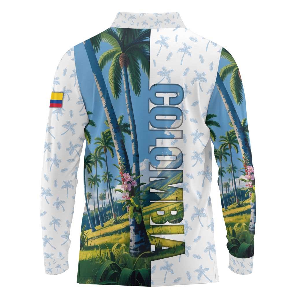 Colombia Palm Tree Landscape Long Sleeve Polo Shirt with Tropical Flowers and Blue Sky Design - Wonder Print Shop