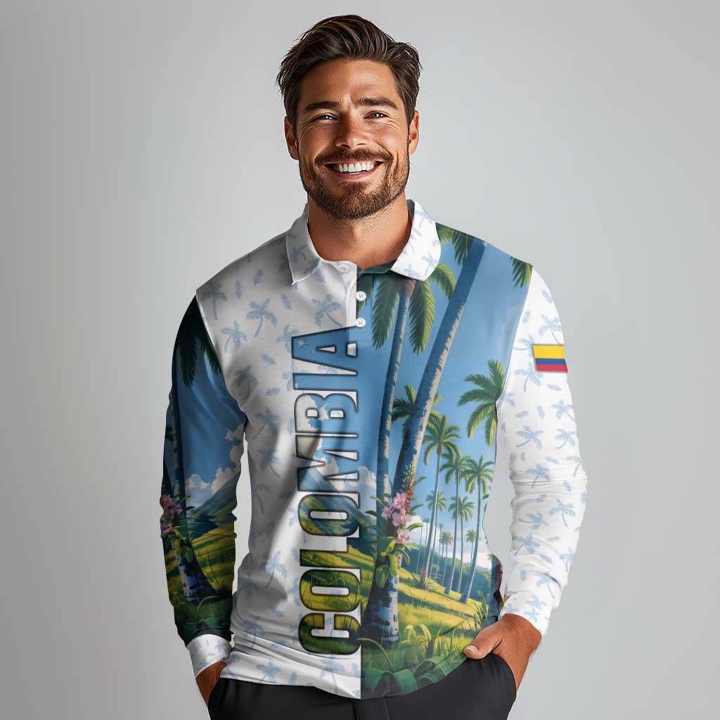 Colombia Palm Tree Landscape Long Sleeve Polo Shirt with Tropical Flowers and Blue Sky Design - Wonder Print Shop