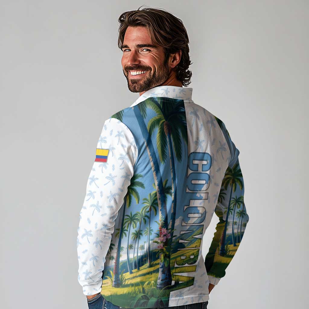 Colombia Palm Tree Landscape Long Sleeve Polo Shirt with Tropical Flowers and Blue Sky Design - Wonder Print Shop