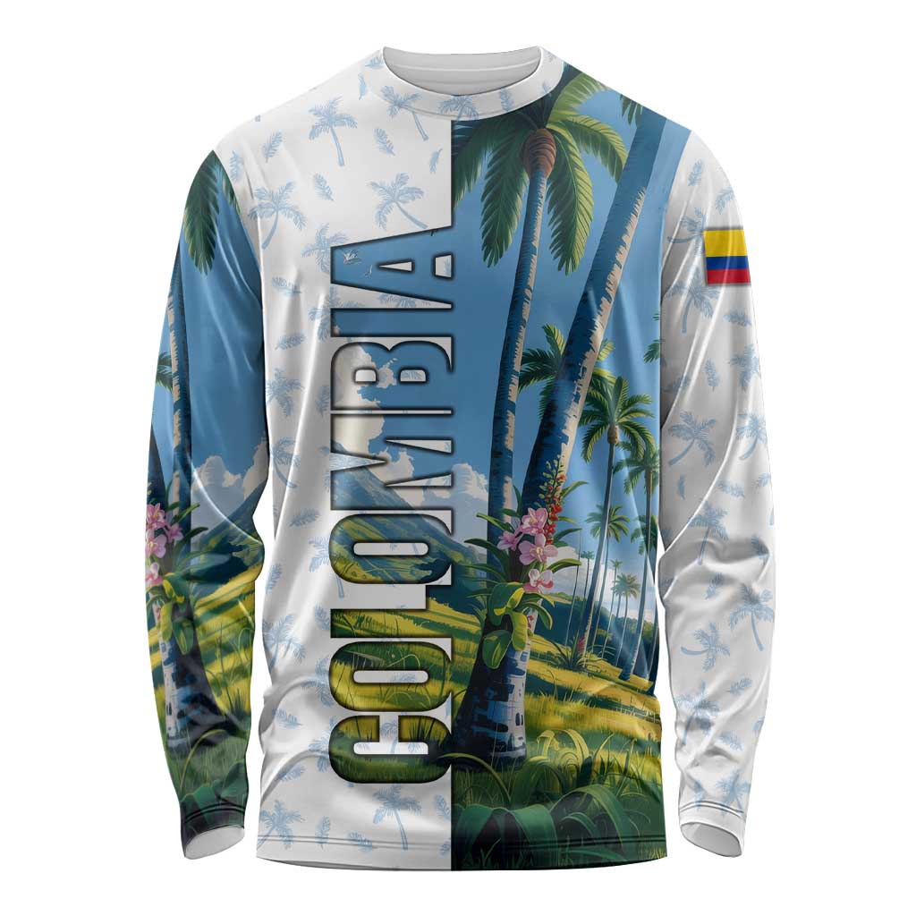Colombia Palm Tree Landscape Long Sleeve Shirt with Tropical Flowers and Blue Sky Design - Wonder Print Shop