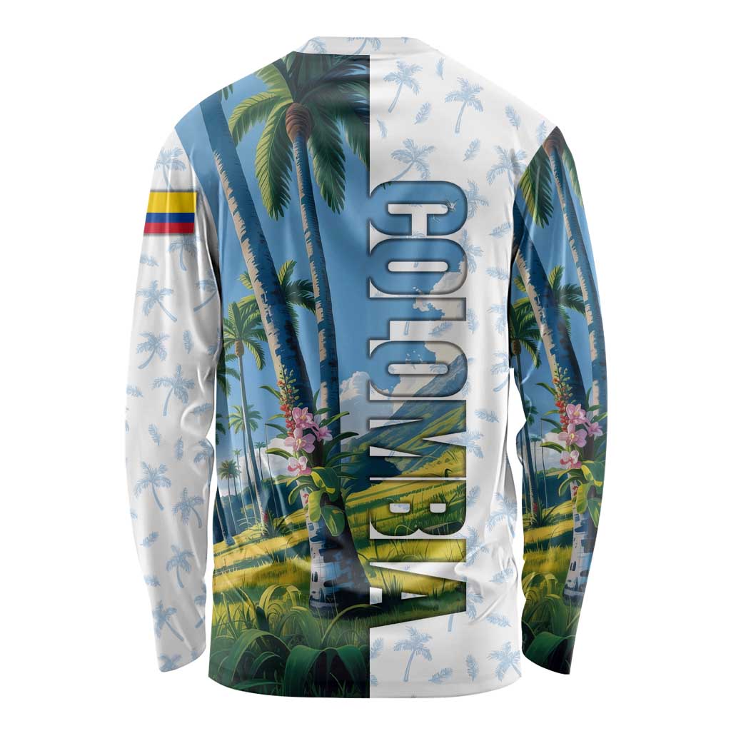 Colombia Palm Tree Landscape Long Sleeve Shirt with Tropical Flowers and Blue Sky Design - Wonder Print Shop