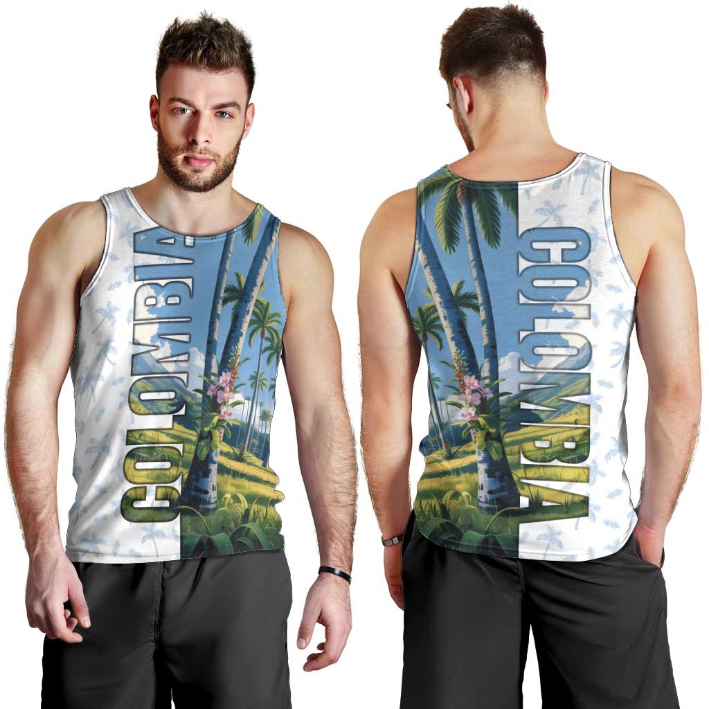Colombia Palm Tree Landscape Men Tank Top with Tropical Flowers and Blue Sky Design - Wonder Print Shop