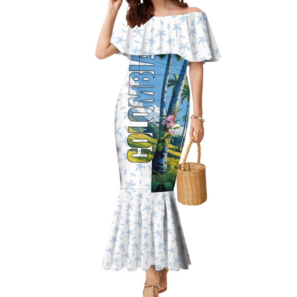 Colombia Palm Tree Landscape Mermaid Dress with Tropical Flowers and Blue Sky Design - Wonder Print Shop