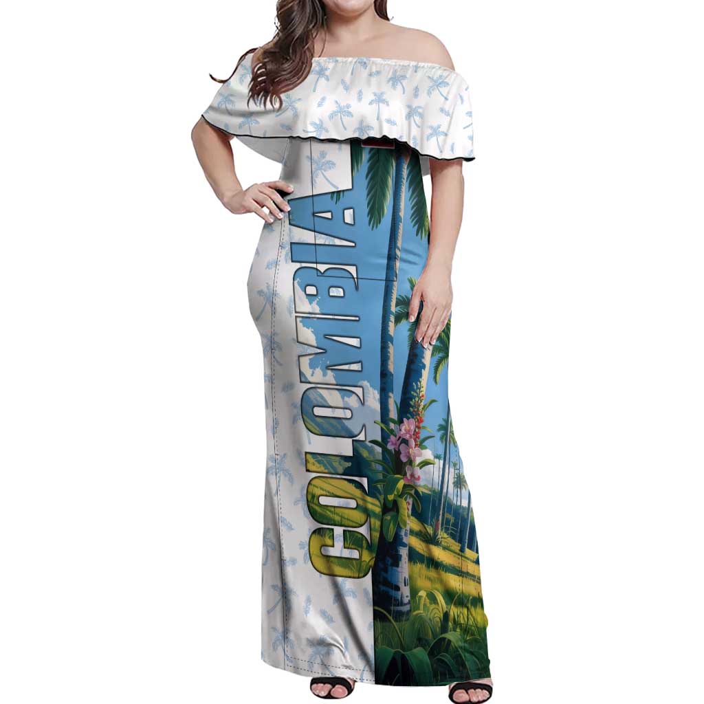 Colombia Palm Tree Landscape Off Shoulder Maxi Dress with Tropical Flowers and Blue Sky Design - Wonder Print Shop
