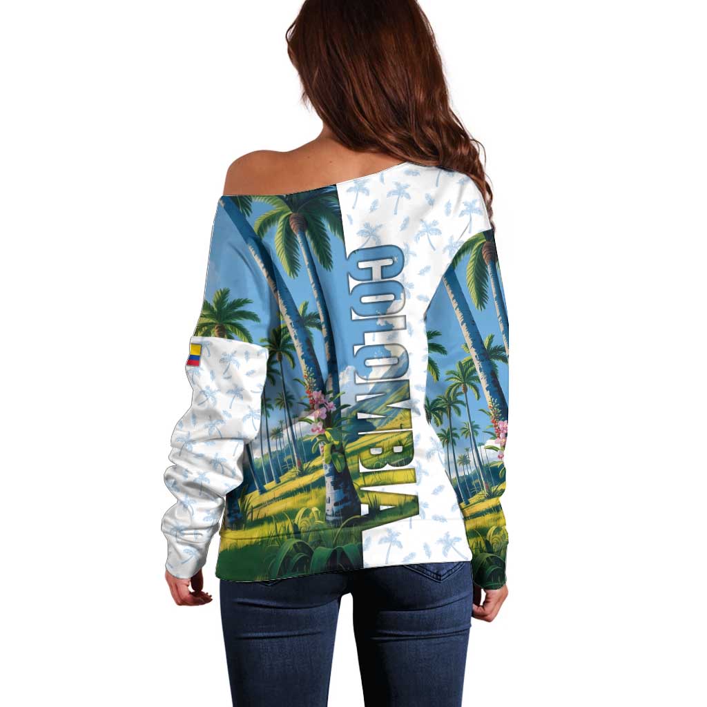 Colombia Palm Tree Landscape Off Shoulder Sweater with Tropical Flowers and Blue Sky Design - Wonder Print Shop