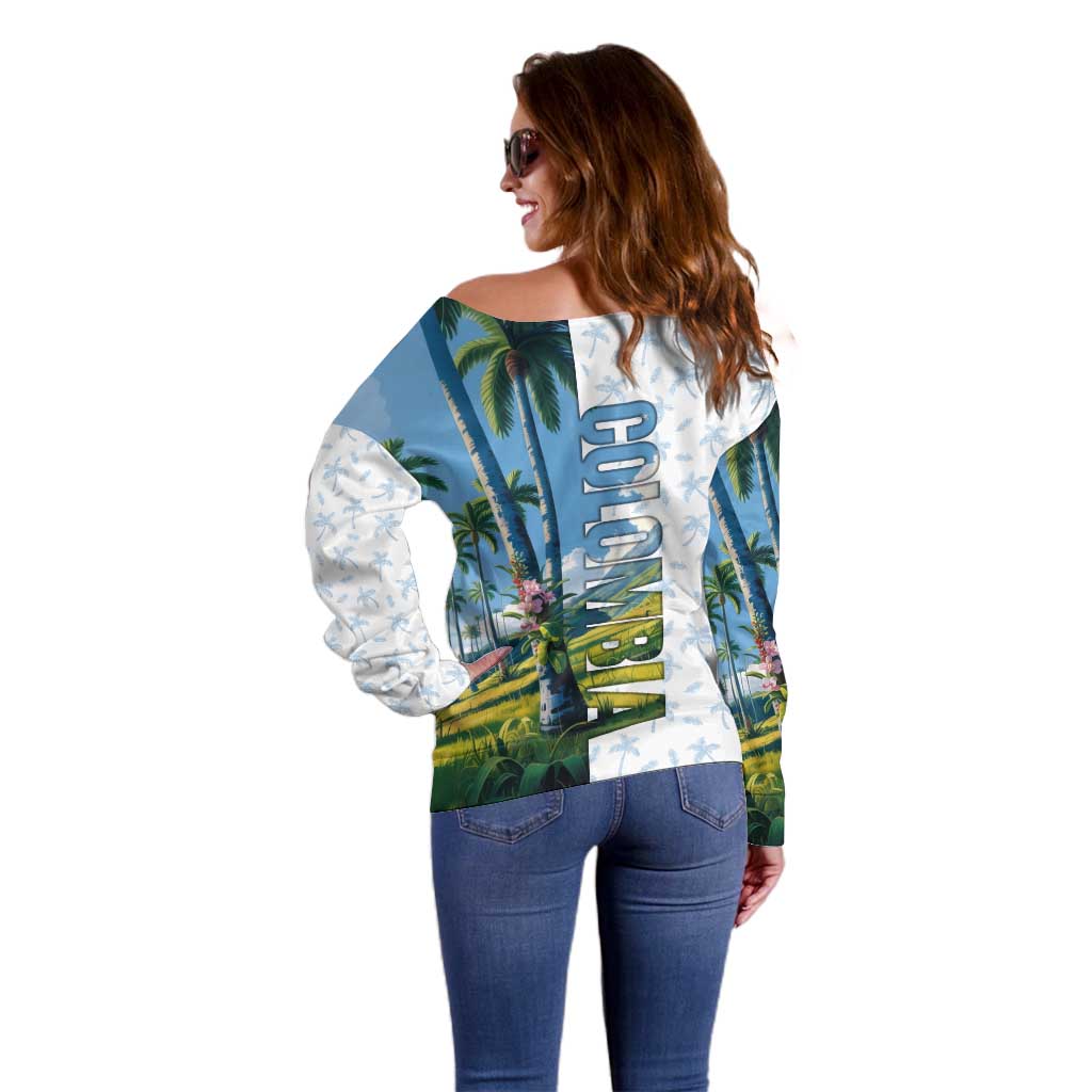 Colombia Palm Tree Landscape Off Shoulder Sweater with Tropical Flowers and Blue Sky Design - Wonder Print Shop
