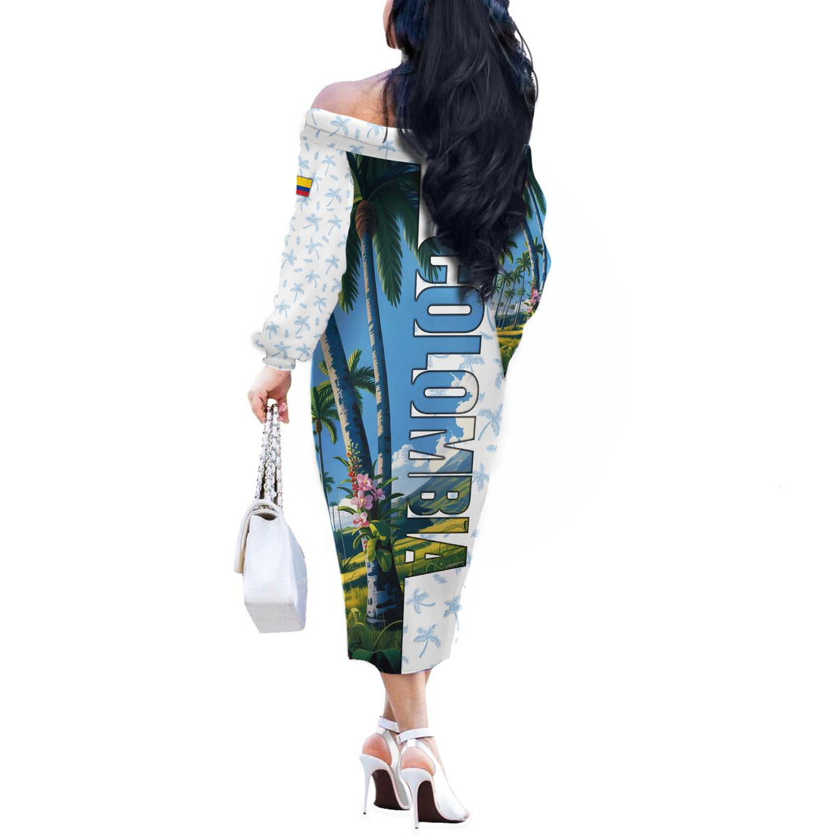 Colombia Palm Tree Landscape Off The Shoulder Long Sleeve Dress with Tropical Flowers and Blue Sky Design - Wonder Print Shop