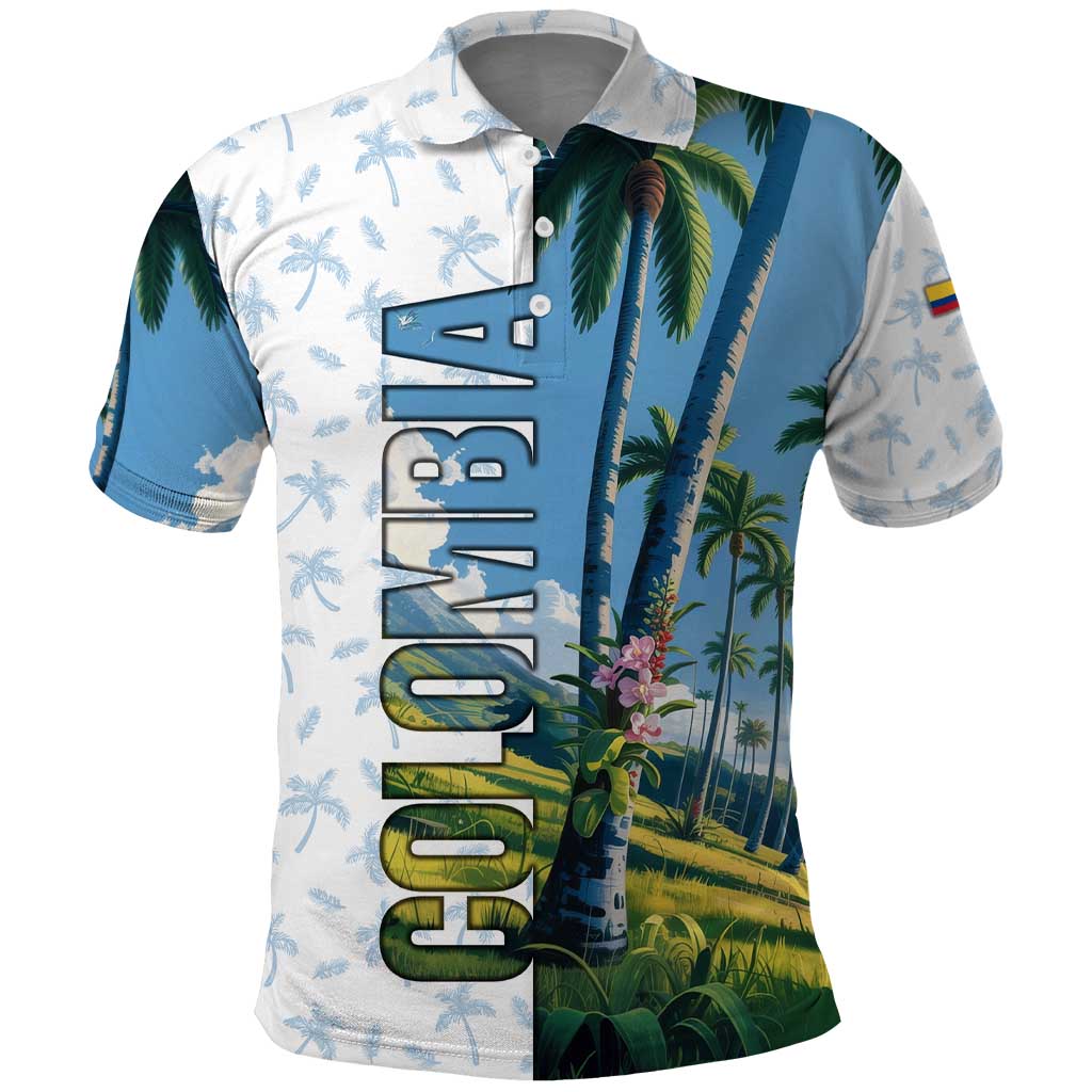 Colombia Palm Tree Landscape Polo Shirt with Tropical Flowers and Blue Sky Design - Wonder Print Shop
