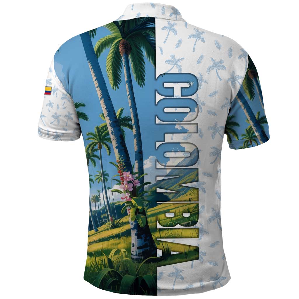 Colombia Palm Tree Landscape Polo Shirt with Tropical Flowers and Blue Sky Design - Wonder Print Shop