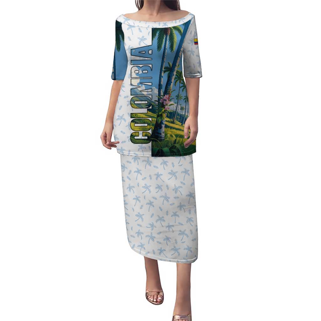 Colombia Palm Tree Landscape Puletasi with Tropical Flowers and Blue Sky Design - Wonder Print Shop
