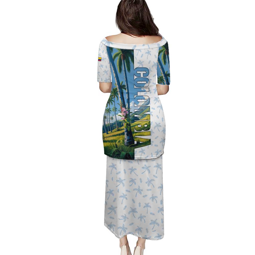 Colombia Palm Tree Landscape Puletasi with Tropical Flowers and Blue Sky Design - Wonder Print Shop