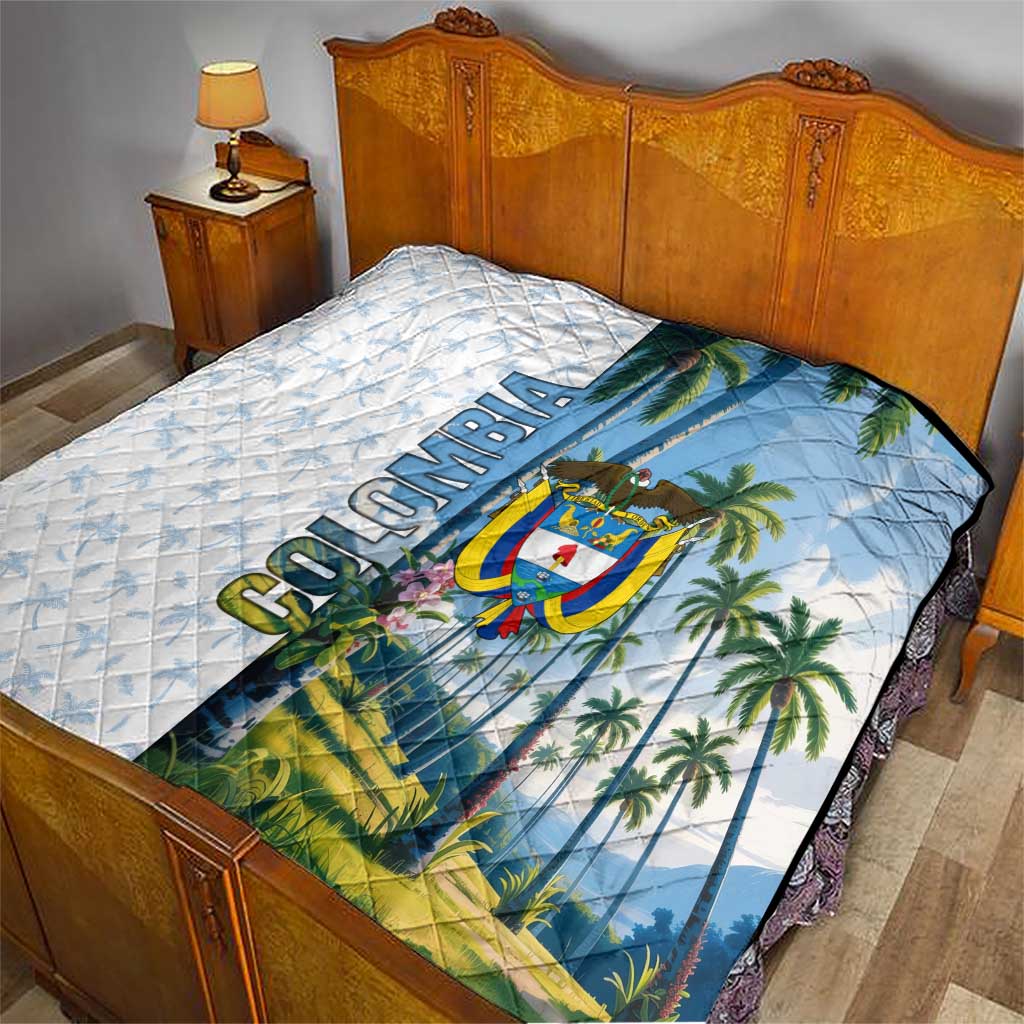 Colombia Palm Tree Landscape Quilt with Tropical Flowers and Blue Sky Design - Wonder Print Shop