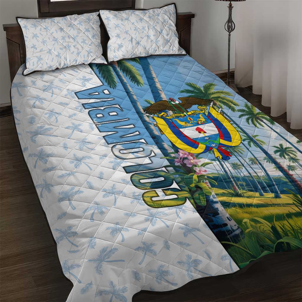 Colombia Palm Tree Landscape Quilt Bed Set with Tropical Flowers and Blue Sky Design - Wonder Print Shop