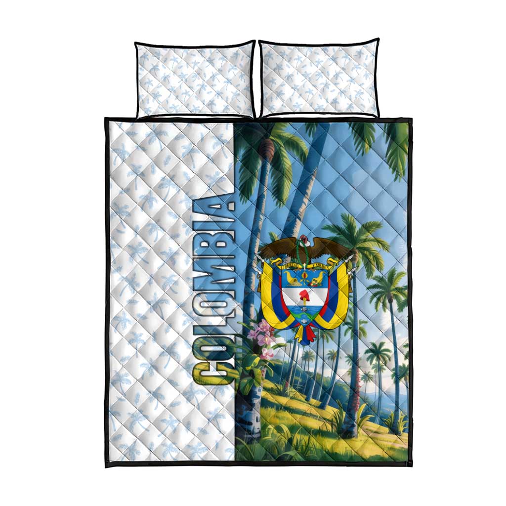 Colombia Palm Tree Landscape Quilt Bed Set with Tropical Flowers and Blue Sky Design - Wonder Print Shop