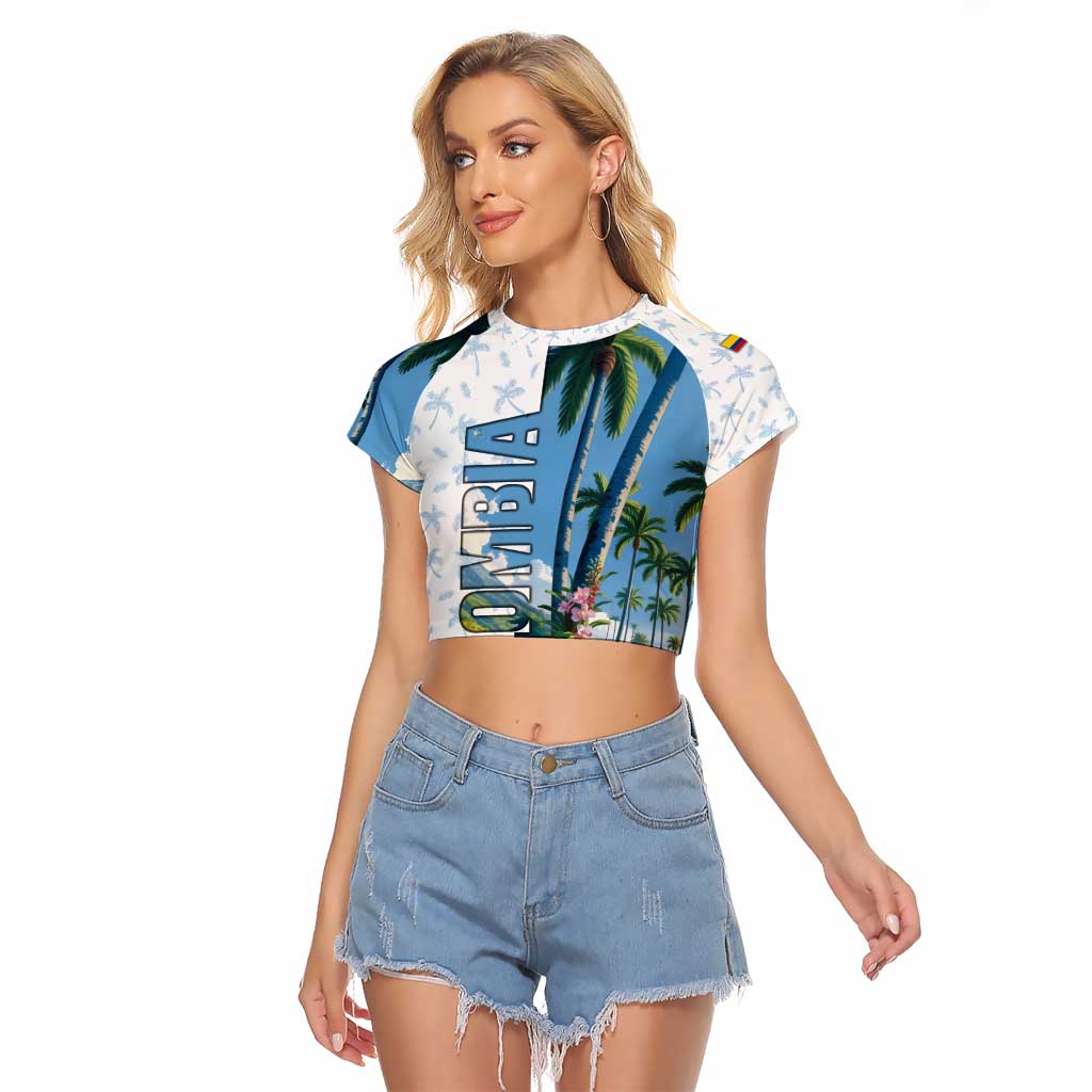 Colombia Palm Tree Landscape Raglan Cropped T Shirt with Tropical Flowers and Blue Sky Design - Wonder Print Shop