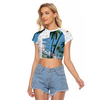 Colombia Palm Tree Landscape Raglan Cropped T Shirt with Tropical Flowers and Blue Sky Design - Wonder Print Shop