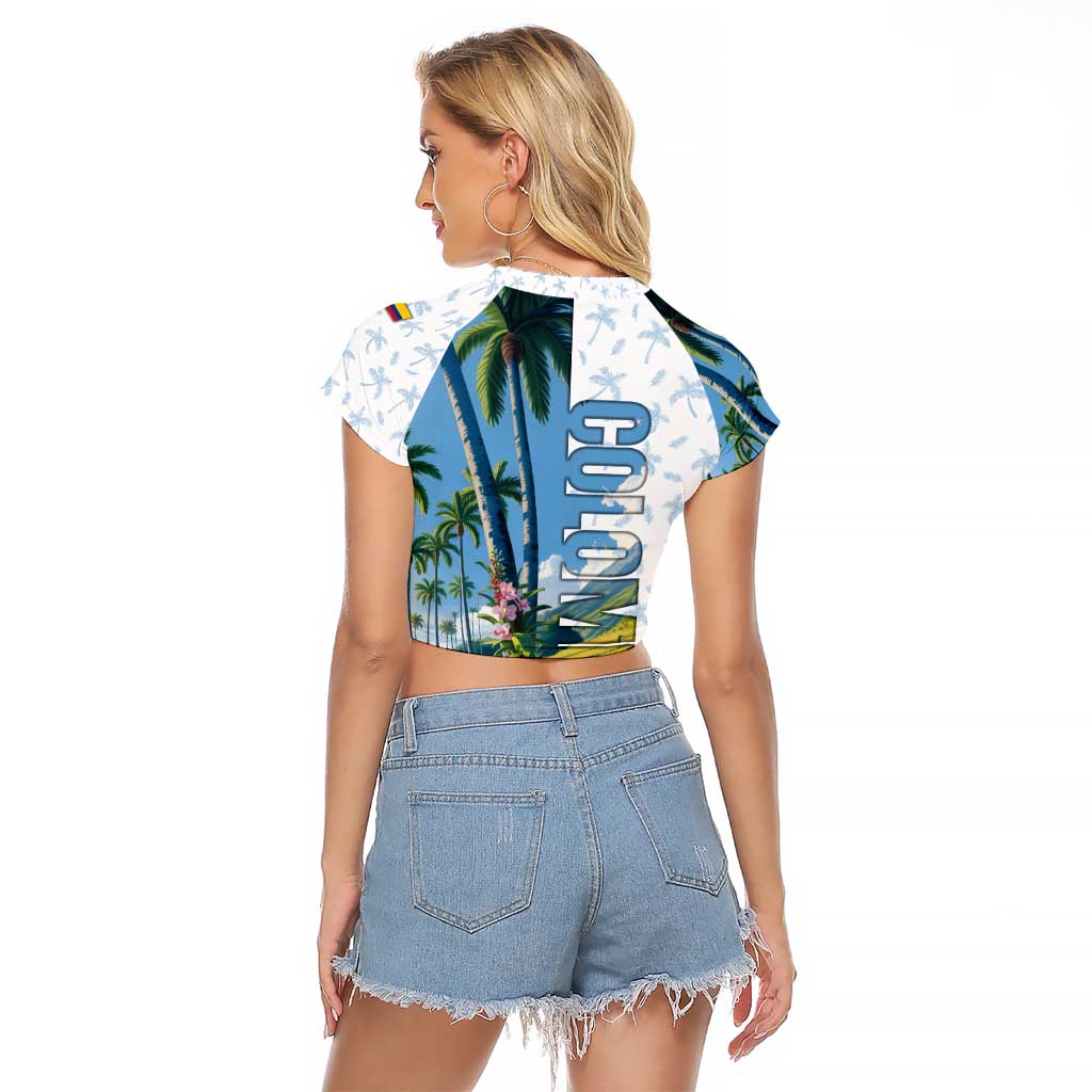 Colombia Palm Tree Landscape Raglan Cropped T Shirt with Tropical Flowers and Blue Sky Design - Wonder Print Shop